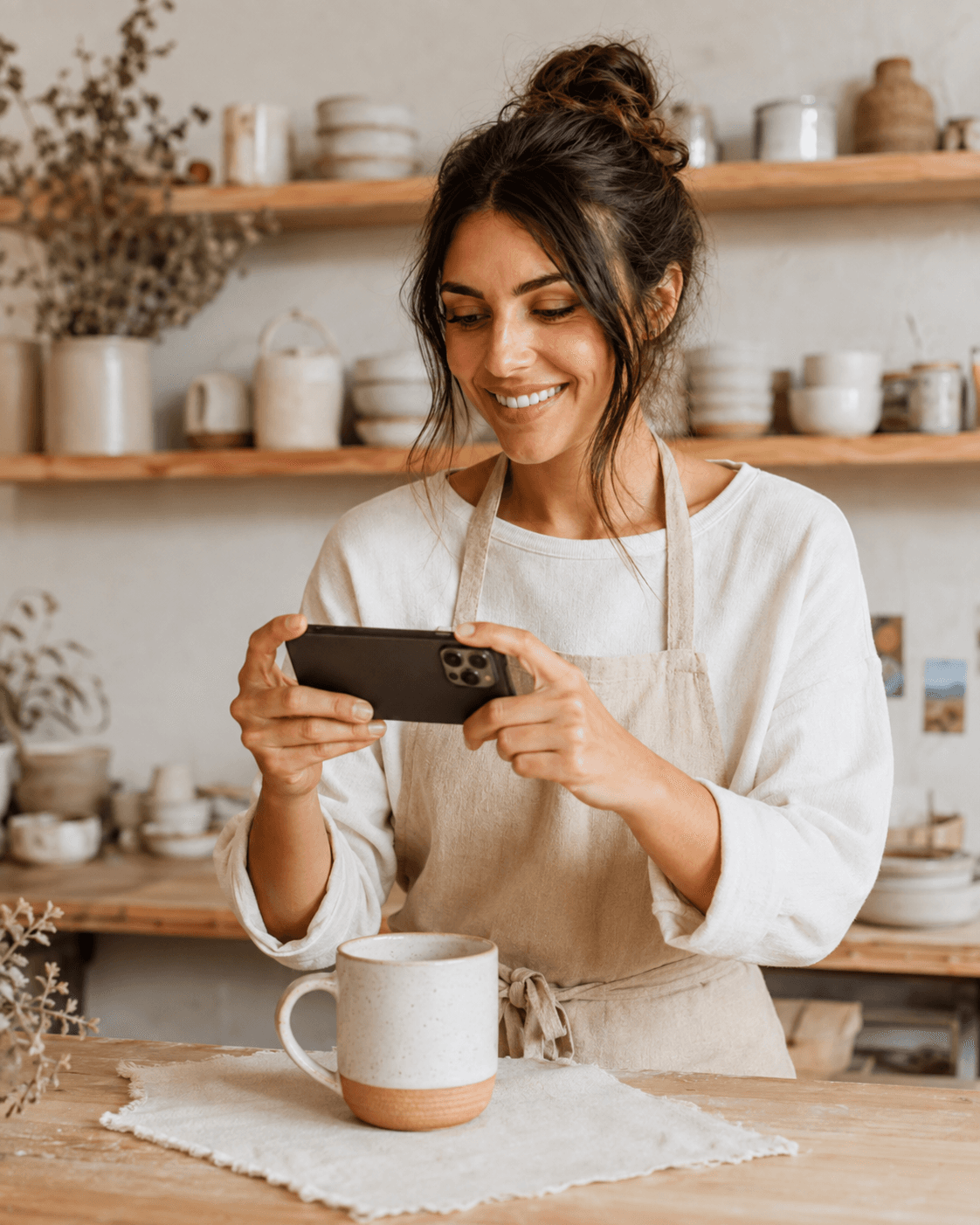 Léa photographie une de ses tasses avec son téléphone